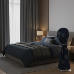 كفر مروحه حائط بلون كحلي داكن متناسق مع أثاث غرفة النوم