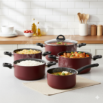 طقم حلل تيفال زهران الأصلي لون نبيذي 8 قطع بتوزيع حراري متطور