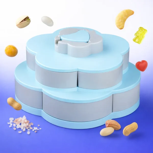 طبق تسالي الوردة الدوار دورين باللون اللبني والرمادي مع مكسرات وحلويات