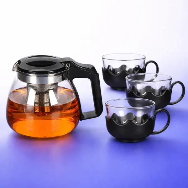طقم براد شاي زجاجي 5 قطع مع شاي دافئ وأكواب ممتلئة