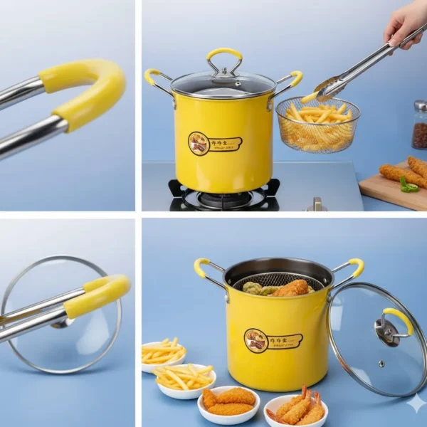 حلة تحمير صفراء مع سلة تصفية ومقابض سيليكون