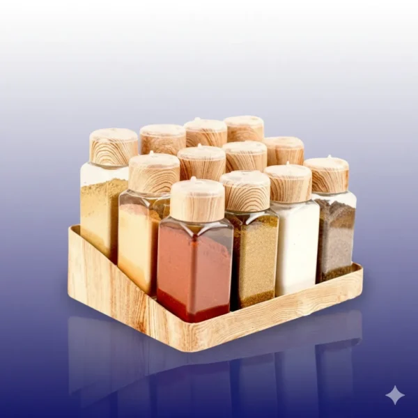 طقم توابل 12 قطعة بلاستيك شفاف بتصميم خشبي على ستاند متدرج