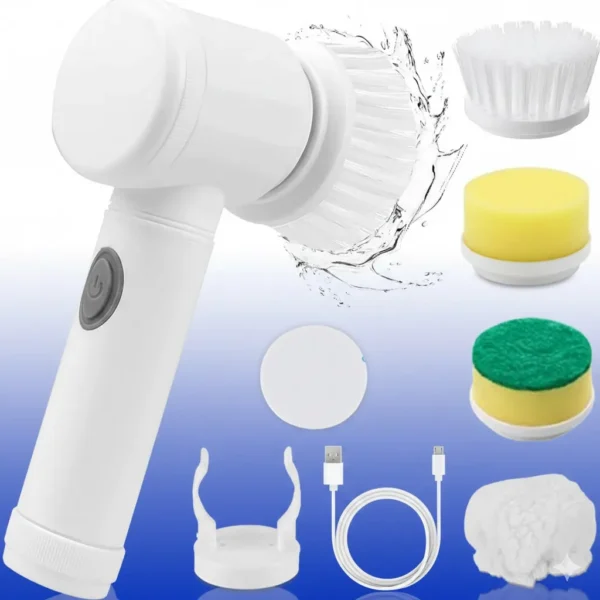 فرشاة تنظيف كهربائية لاسلكية بيضاء مع الرؤوس والملحقات