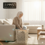 سيدة تقوم بتنظيم الملابس داخل سبت غسيل هيرو بلاستيك بالغطاء في بيئة منزلية مرتبة