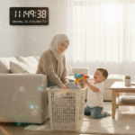 طفل صغير بجانب سبت غسيل هيرو بلاستيك بالغطاء كحل ذكي لتخزين الألعاب