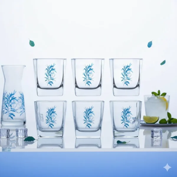 طقم لومينارك مياه استرلينج بلو بلم 6 قطع شفاف بنقشة زرقاء