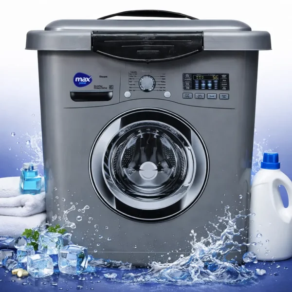 علبه مسحوق غسيل رمادي ماكس بلاست بتصميم عصري ورسومات غسالة أوتوماتيك