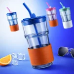 مج زجاجي فاميه مدخن بحامل جلدي برتقالي وشاليموه زجاجي للمشروبات الباردة