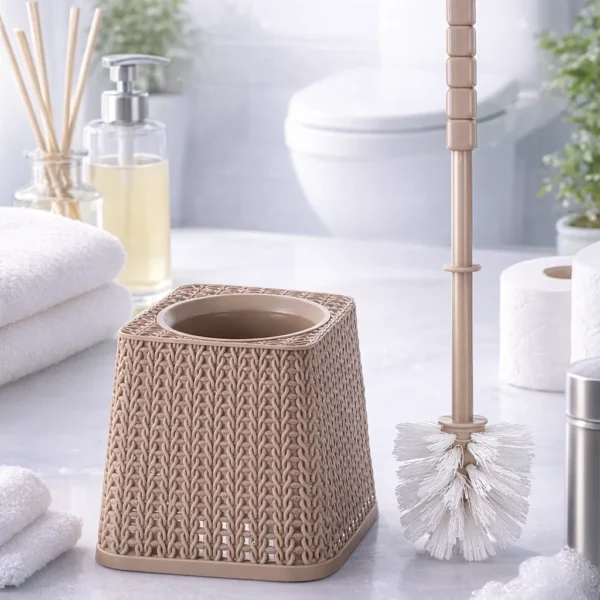 فرشاة تواليت الهلال والنجمة الفضية بتصميم راتان بيج مع حامل مربع في حمام عصري