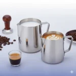 استخدام ابريق صنع رغوة الحليب ستانلس ستيل لتحضير كوب لاتيه احترافي مع حبوب البن