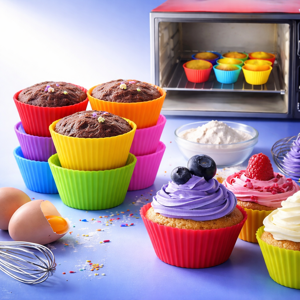 قوالب-كب-كيك-سيليكون-للخبز قوالب كب كيك سيليكون ملونة مع كب كيك مخبوز بالفرن وتزيين كريمة