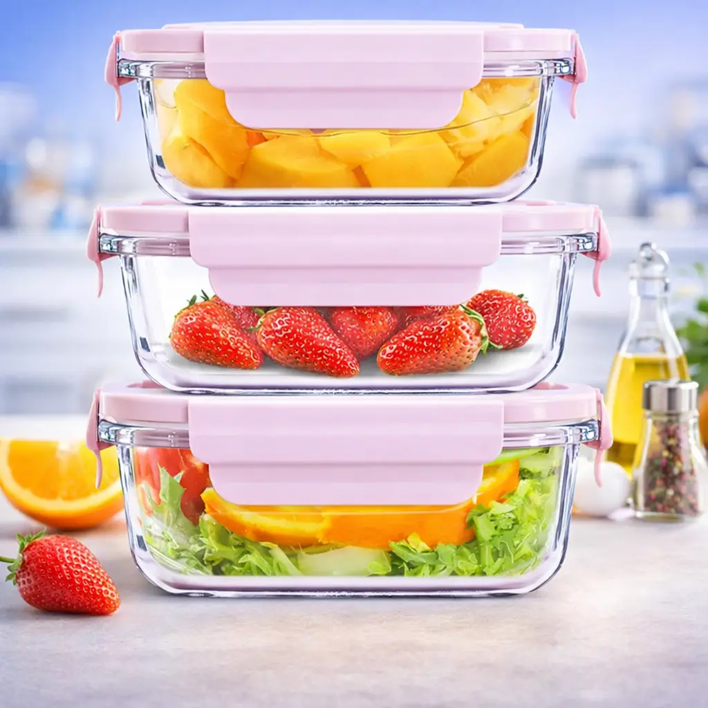طقم علب ثلاجه زجاجية مكون من 3 قطع بأحجام مختلفة تحتوي على فواكه وخضروات طازجة.