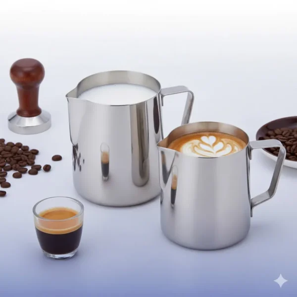 استخدام ابريق صنع رغوة الحليب ستانلس ستيل لتحضير كوب لاتيه احترافي مع حبوب البن