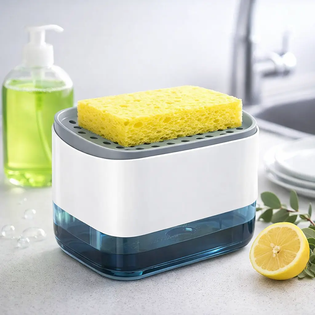 موزع الصابون مودرن باللون الأبيض والرمادي على حوض المطبخ بجانب ليمونة وعبوة منظف.