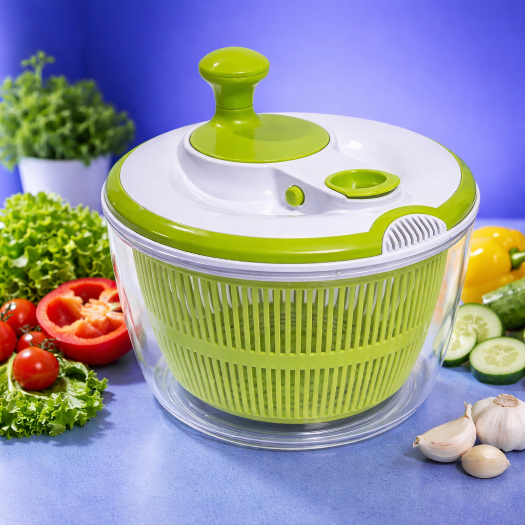 مجفف خضار يدوي أبيض وأخضر مع خضروات طازجة على خلفية زرقاء