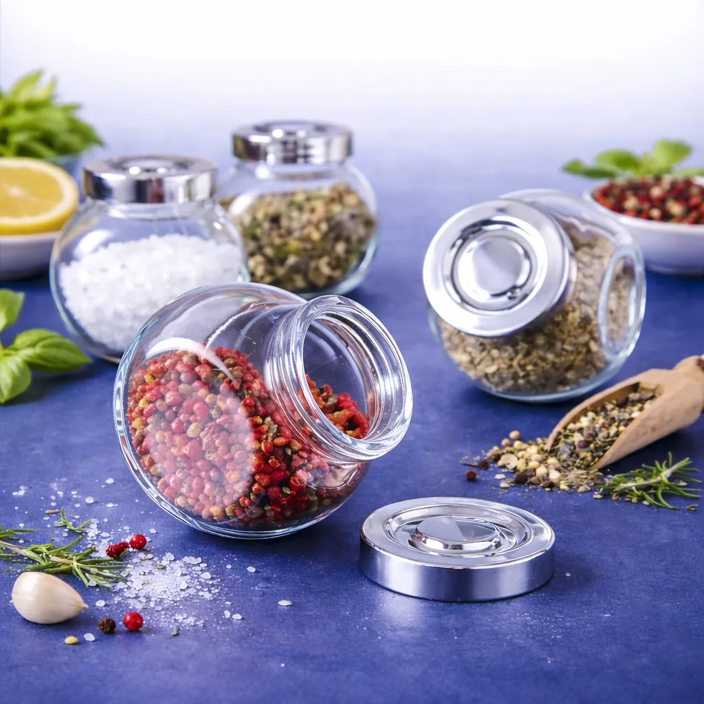 مجموعة برطمانات توابل زجاجية مع أغطية ألومنيوم محكمة الغلق