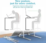 مقارنة بصرية توضح الفرق في وضعية الجلوس الصحية عند استخدام ستاند لاب توب مقابل الجلوس المنحني.