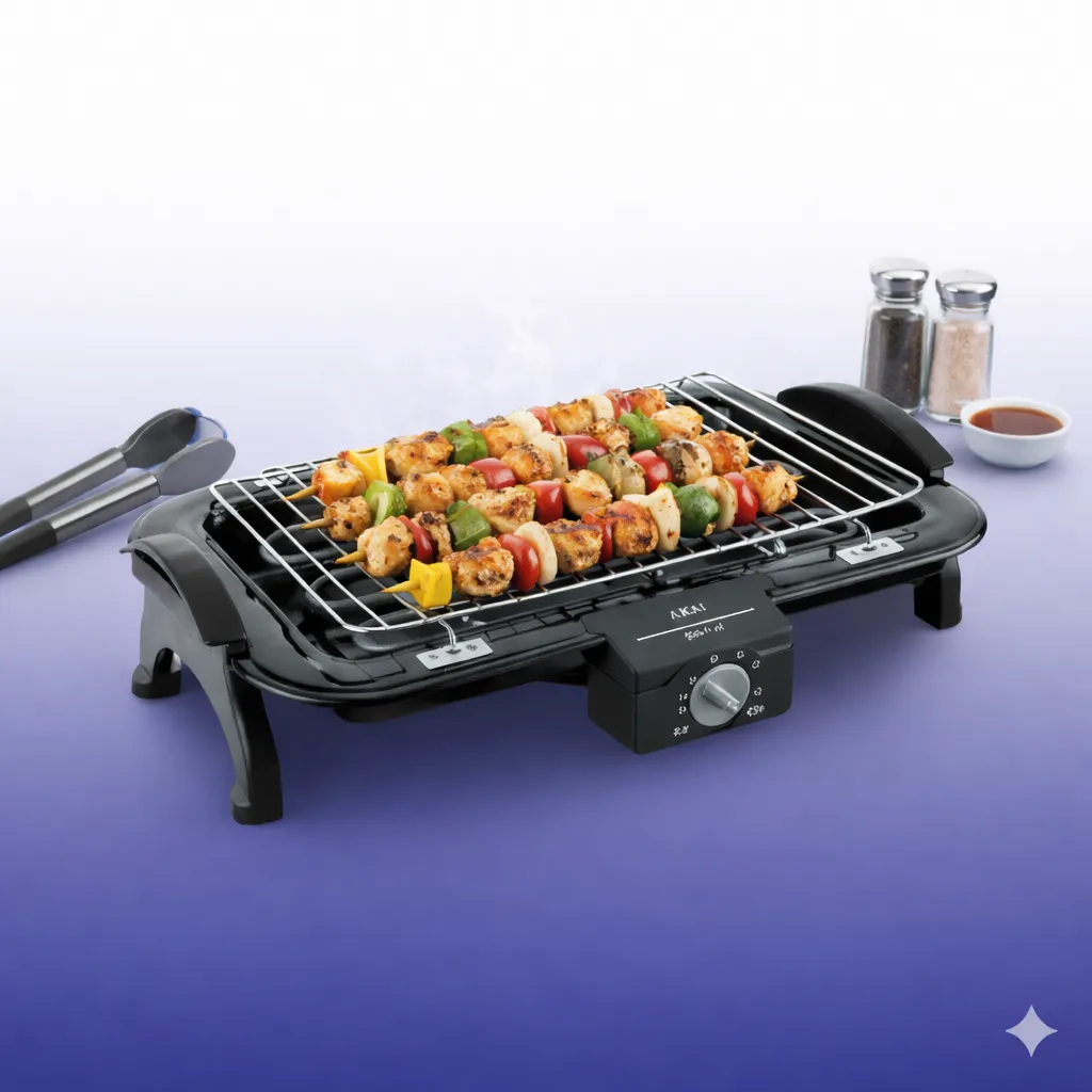 شواية منزلية تطهو أسياخ الدجاج والخضروات