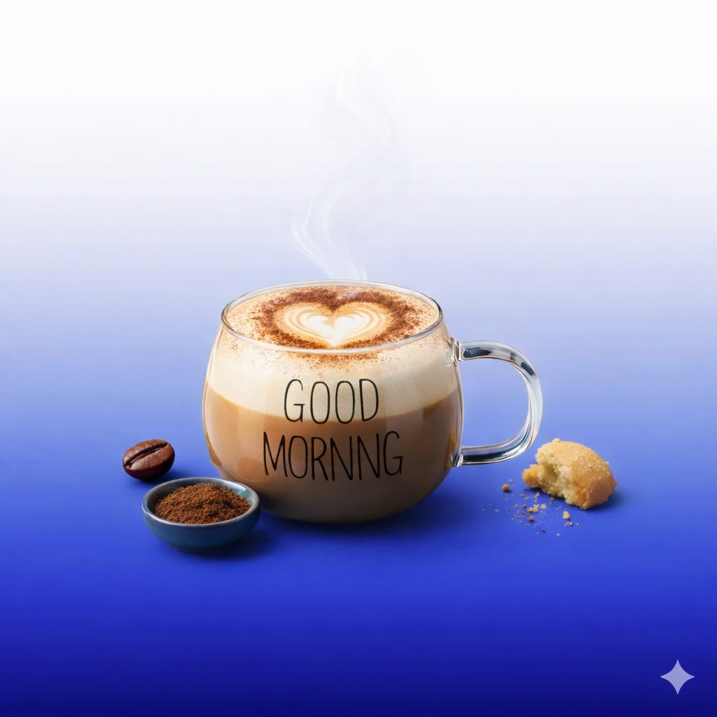 كوب كابتشينو زجاجي شفاف بعبارة Good Morning يحتوي على حليب طازج بتصميم عصري وأنيق