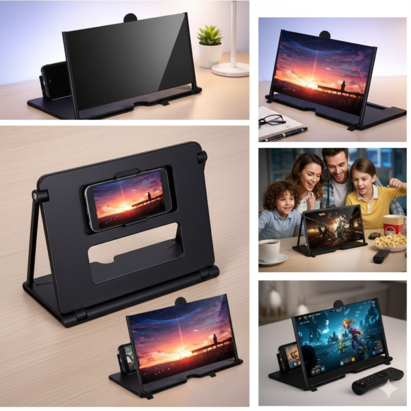 مكبر الشاشه ثلاثي الأبعاد باللون الأسود موضوع على مكتب بجانب إضاءة ونبات زينة في بيئة عمل هادئة.