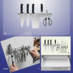 دوات مطبخ معلقة على شريط مغناطيسي قوي فوق سطح العمل