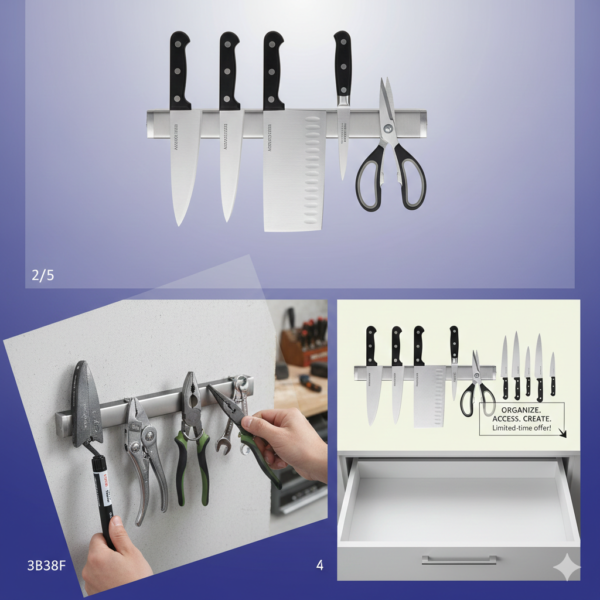 دوات مطبخ معلقة على شريط مغناطيسي قوي فوق سطح العمل