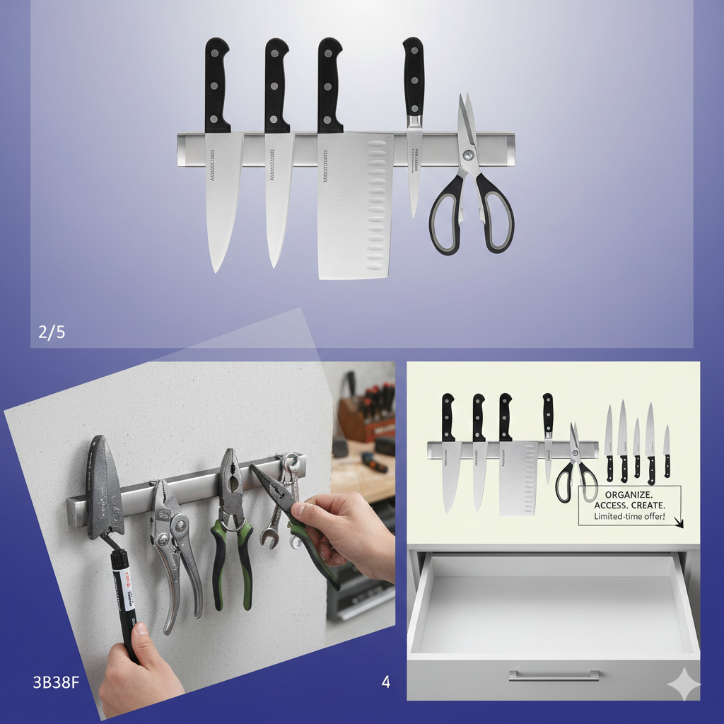 دوات مطبخ معلقة على شريط مغناطيسي قوي فوق سطح العمل