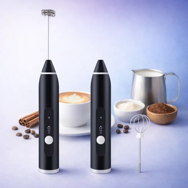 مضرب نسكافيه كهربائي أسود بتصميم عصري وأزرار تحكم مضيئة.