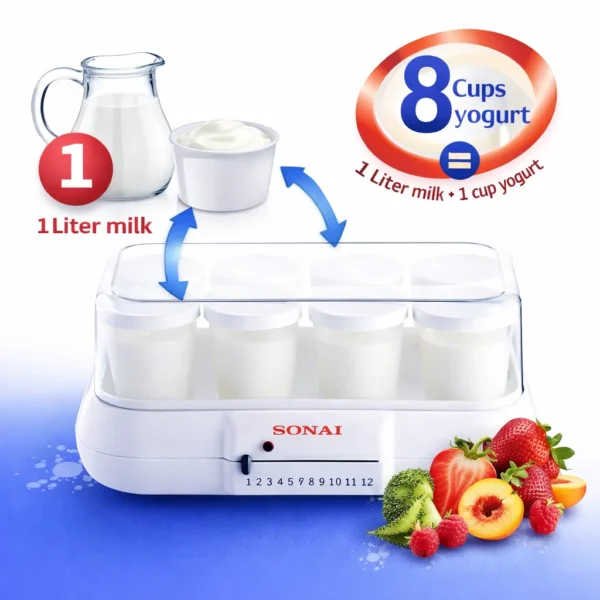 ماكينة صنع الزبادي سوناى الأصلية باللون الأبيض مع 8 أكواب زجاجية في السويس