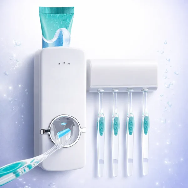 طقم حامل فرش اسنان وموزع معجون أوتوماتيكي أبيض