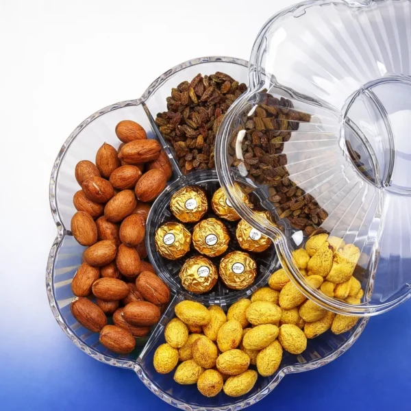 طبق تسالي أكريليك شكل وردة مقسم ممتلئ بالمكسرات