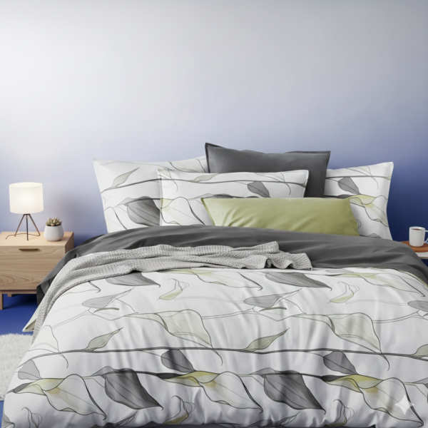 Alt: طقم ملايات سرير مودرن بنقشة أوراق شجر لون أخضر وزيتي