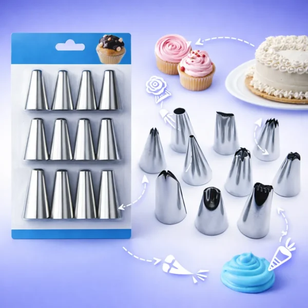 طقم بلابل تزيين الكيك 12 قطعة متنوعة من الاستانلس ستيل