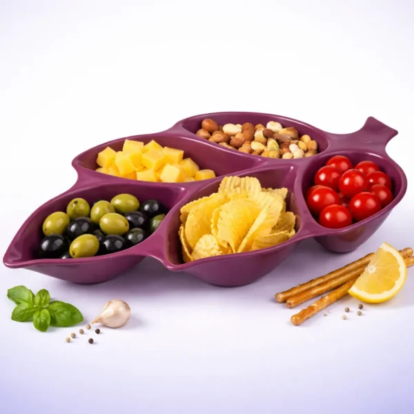 طبق تسالي مقسم يضم أنواعاً مختلفة من المكسرات والفواكه المجففة