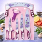 طقم سكاكين مطبخ 6 قطع ملون بنقشة الشمس سكاكين استانلس وسيراميك