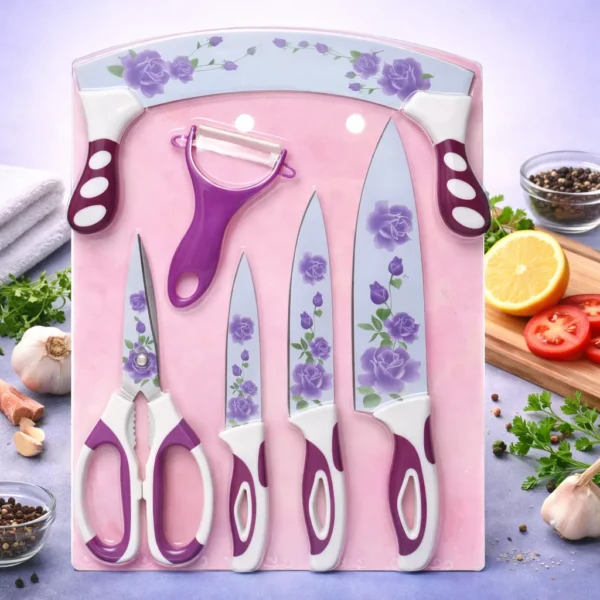 طقم سكاكين مطبخ 6 قطع ملون بنقشة الشمس سكاكين استانلس وسيراميك