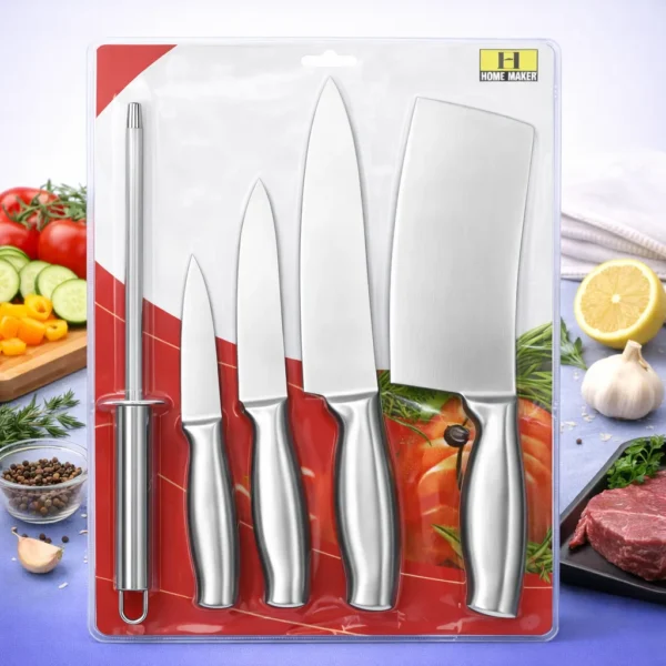 طقم سكاكين مطبخ 6 قطع يضم ساطور و4 سكاكين ومسن يدوي استانلس أسود