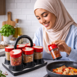 سيدة تستخدم توابل من طقم بهارات أثناء الطبخ