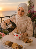 مج شاي كافيه ومج قهوه كافيه بتصميم قلوب حمراء من شي ان أثناء سكب القهوة في الشرفة