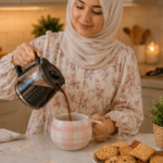 مج شاي شي ان ومج قهوه بتصميم كاروهات وردي كيوت أثناء سكب القهوة في المطبخ