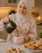 مج شاي شي ان ومج قهوه بتصميم كاروهات وردي كيوت أثناء سكب القهوة في المطبخ