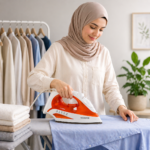 سيدة تستخدم مكواة بخار كينوود لكي قميص أزرق
