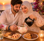 مج شاي شي ان ومج قهوه بتصميم مج شي ان فيونكات حمراء في الشرفة وقت الغروب