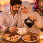 مج شاي شي ان ومج قهوه بتصميم مج شي ان فيونكات حمراء في الشرفة وقت الغروب