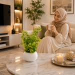 فازة زرع صناعي على طاولة غرفة المعيشة