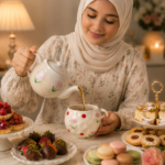 مج شاي شي ان ومج قهوه بنمط نقاط حمراء وورود باستيل أثناء صب الشاي من إبريق سيراميك