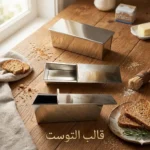 استعراض متكامل لثلاث قطع من قوالب خبز التوست في وضعيات فتح وإغلاق مختلفة مع شرائح خبز توست طازجة