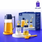 طقم موزع زيت زجاجي متكامل يشمل زجاجة زيت رئيسية مع زجاجات صغيرة لحفظ التوابل والبهارات ومسحوق الملح