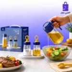 إضافة الزيت النقى باستعمال موزع زيت زجاجي فوق السلطة بجانب وجبة ستيك لحم مشوي شهية