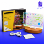 لوح اكريليك مضيء للكتابة والرسم للاطفال مع قاعدة خشبية واقلام الوان وقماش تنظيف